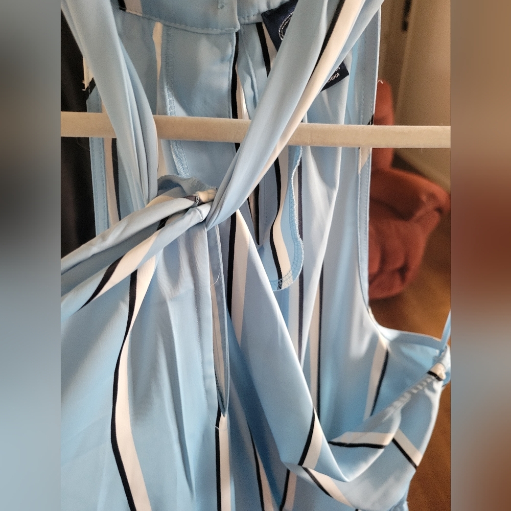 Elegant Sky Blue Striped Halter Maxi Dress